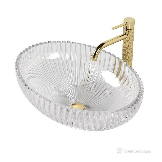Transparent Glass Washbasin with Fluted Texture and Gold Faucet Modern Design 3d model 
