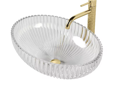 Transparent Glass Washbasin with Fluted Texture and Gold Faucet Modern Design 3d model