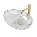 Transparent Glass Washbasin with Fluted Texture and Gold Faucet Modern Design