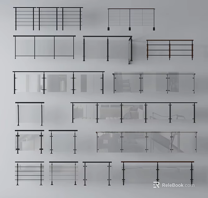 Various Modern Railing Designs Featuring Glass Panels And Metal Frames For Interior Use 3d model