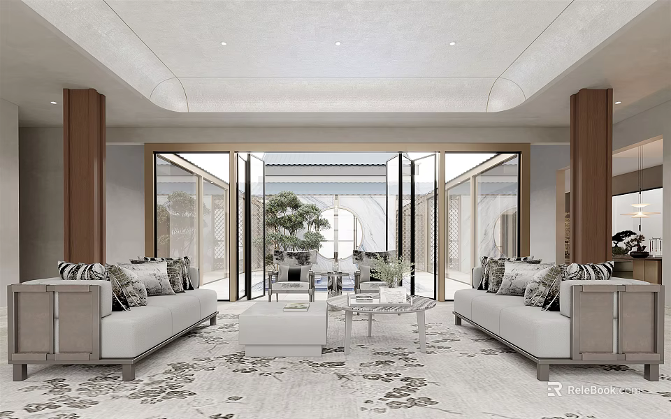 Bright Modern Living Room Interior With White Sofas Patterned Rug And Floor To Ceiling Windows 3d model