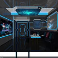 Modern KTV Corridor with Blue Lighting Black Doors and Neon Welcome Party Sign