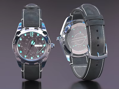 Stylish Wrist Watch with Black Leather Strap Silver Case Front and Back View Dial Design 3d model