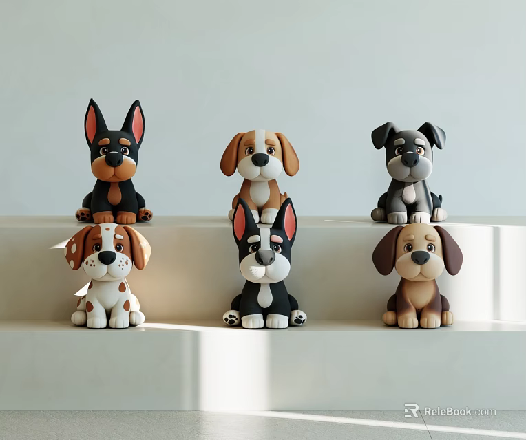 Six Different Dog Stuffed Toys Displayed On White Shelf With Soft Lighting 3d model 