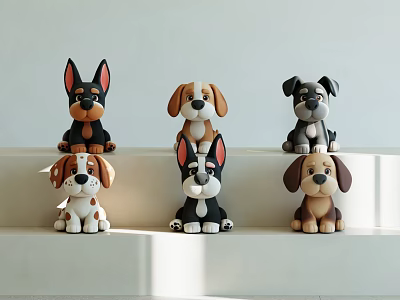 Six Different Dog Stuffed Toys Displayed On White Shelf With Soft Lighting 3d model