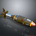 Rusty Green Military Missile With Orange Nose Cone And Metallic Fins