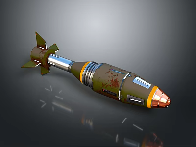 Rusty Green Military Missile With Orange Nose Cone And Metallic Fins 3d model