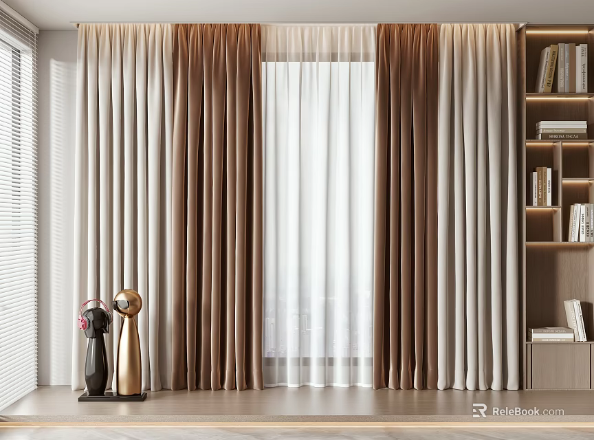 Stylish Curtain Design with Beige Brown and Sheer Curtains Near Bookshelf and Decorative Vases 3d model 