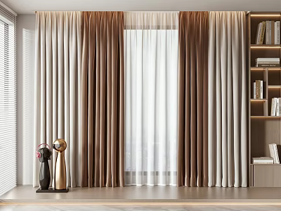 Stylish Curtain Design with Beige Brown and Sheer Curtains Near Bookshelf and Decorative Vases 3d model