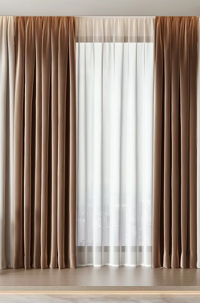 Stylish Curtain Design with Beige Brown and Sheer Curtains Near Bookshelf and Decorative Vases 3d model
