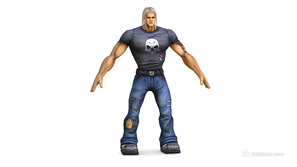 Muscular Male Character Wearing Skull T-Shirt Ripped Jeans And Tattoo Standing 3d model 