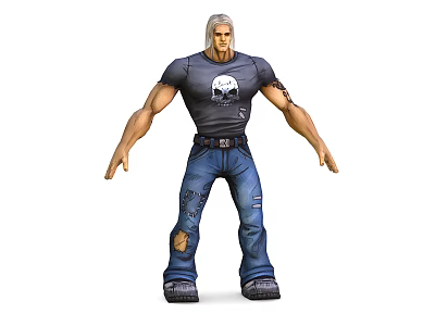 Muscular Male Character Wearing Skull T-Shirt Ripped Jeans And Tattoo Standing 3d model