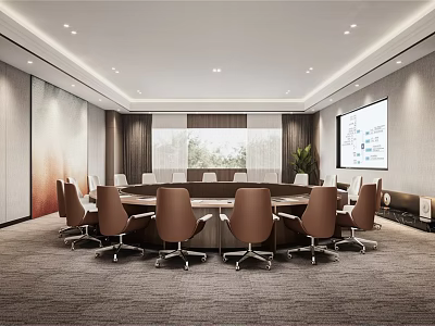 Modern Conference Room Interior With Round Table Brown Chairs Large Screen And Windows 3d model