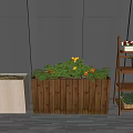 Potted Green Plants with Yellow Flowers in Wooden Planter Box and Multi Tiered Shelf