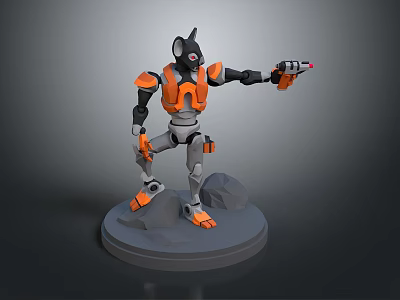 Game Movie Character Robot Rat Orange Black Holding Gun Standing on Gray Base with Rocks 3d model