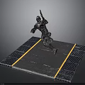 Armored Humanoid Character With Weapon On Grid Platform With Yellow Lines