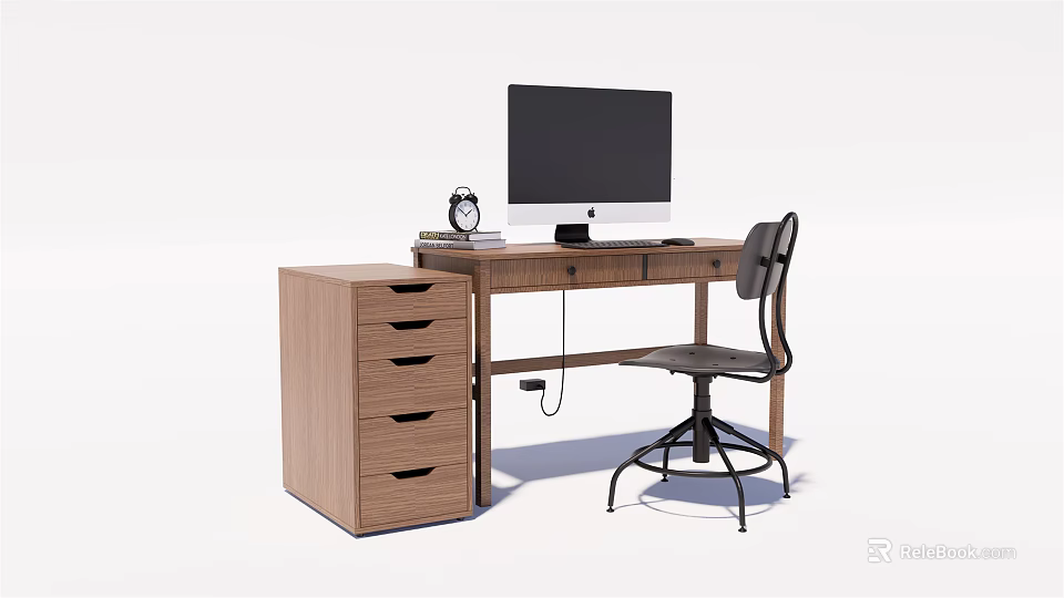 Wooden Office Desk With Computer Monitor Clock And Drawer Cabinet Accompanied By Modern Office Chair 3d model 