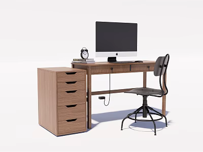 Wooden Office Desk With Computer Monitor Clock And Drawer Cabinet Accompanied By Modern Office Chair 3d model