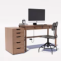 Wooden Office Desk With Computer Monitor Clock And Drawer Cabinet Accompanied By Modern Office Chair
