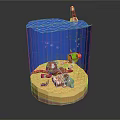 Colorful Aquatic Animals Swimming in Blue Wavy Water with Layered Bottom and Red Lighthouse
