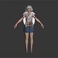 Woman With Silver White Hair Bloodstained Top Blue Skirt And Silver Shoes