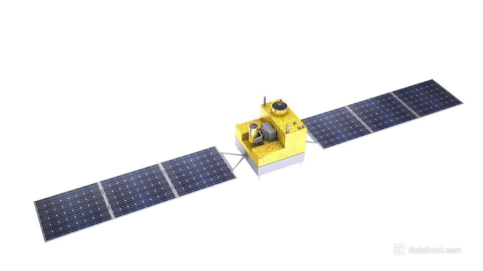 Space Satellite With Extended Solar Panels And Yellow Main Structure 3d model 