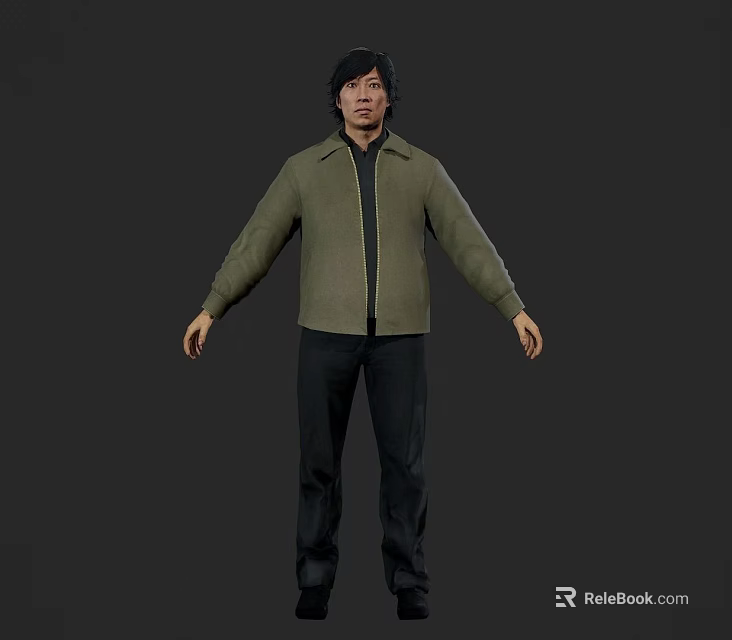 Man In Green Jacket And Black Pants Standing Against Gray Background 3d model