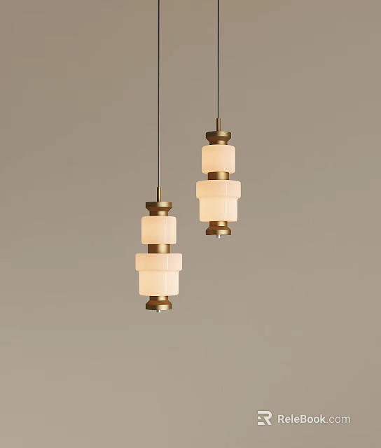 Two Pendant Lights With Golden Metal Frames And White Square Shades On Light Colored Wall 3d model 