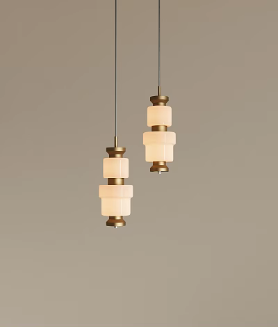 Two Pendant Lights With Golden Metal Frames And White Square Shades On Light Colored Wall 3d model