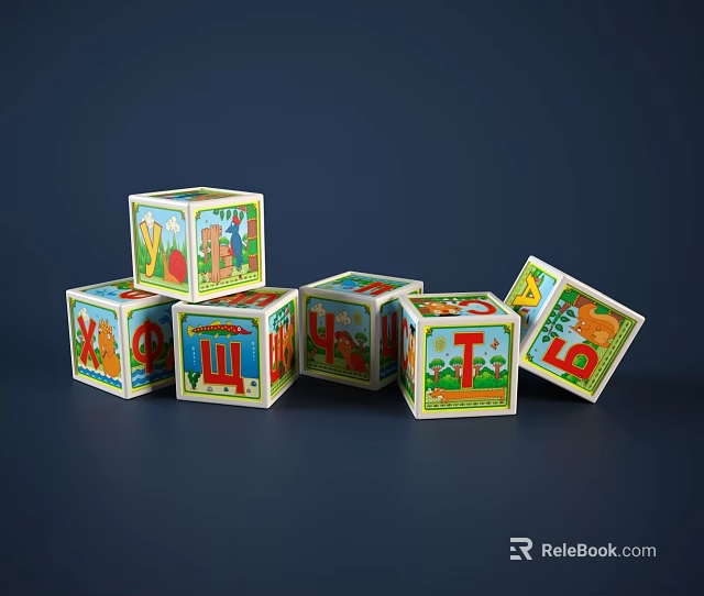 Colorful Wooden Cubes With Castle Letter T And Number 6 3d model 