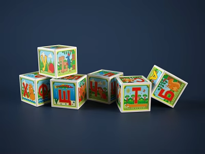 Colorful Wooden Cubes With Castle Letter T And Number 6 3d model