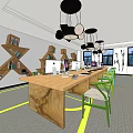 Public Office Space With Long Wooden Tables Laptops Green Chairs And Black Pendant Lights