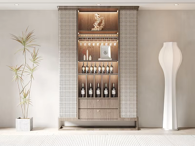 Modern Wine Cabinet With Lattice Design Glass Shelves Wine Bottles And Decorative Items 3d model