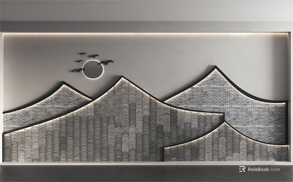 Gray Background Wall With Wavy Tile Design And Moon Bird Decorations 3d model 