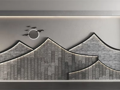 Gray Background Wall With Wavy Tile Design And Moon Bird Decorations 3d model