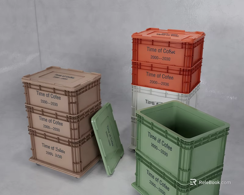 Colored Storage Crates Stacked with Time of Chaos Text and Vol 2024 Labels 3d model 