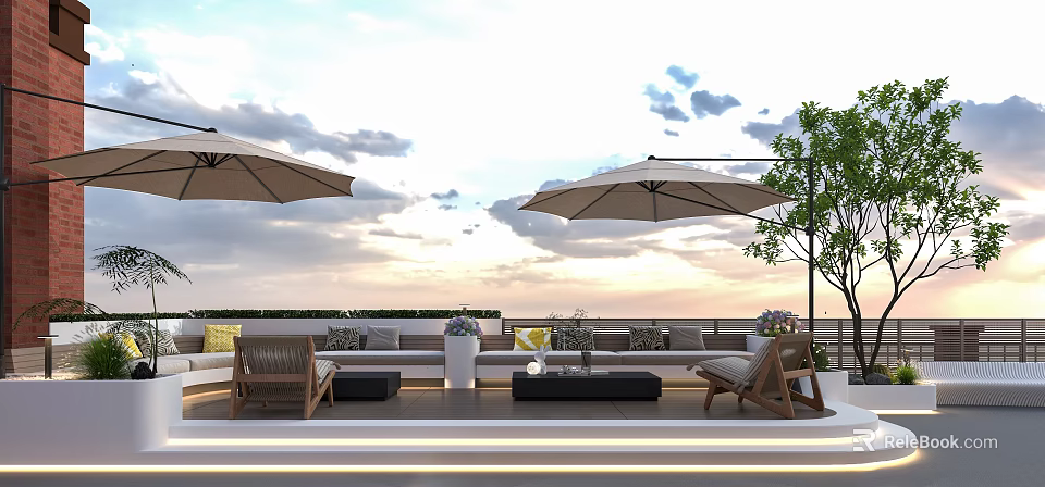 Modern Outdoor Sofa Set With Soft Cushions And Large Parasols For Cozy Rooftop Lounge 3d model 
