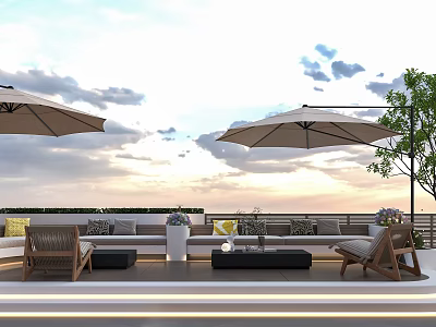 Modern Outdoor Sofa Set With Soft Cushions And Large Parasols For Cozy Rooftop Lounge 3d model