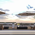 Modern Outdoor Sofa Set With Soft Cushions And Large Parasols For Cozy Rooftop Lounge