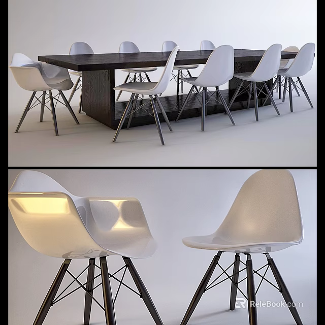 Modern Dining Table Set With Dark Table And White Chairs Black Metal Legs 3d model