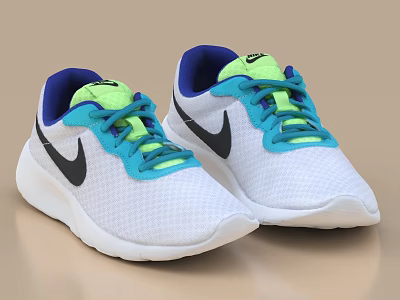 Nike White Sneakers With Blue Green Laces Black Logo And Mesh Upper Design 3d model