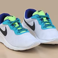 Nike White Sneakers With Blue Green Laces Black Logo And Mesh Upper Design