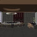 Private Dining Room With Circular Chandelier Stone Walls Dining Table Chairs Wine Rack And Large Windows 3d model