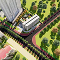Modern Hospital Building Exterior with Red Cross Sign Surrounded by Green Trees and Road