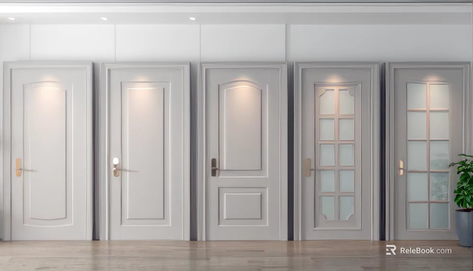 Light Gray Wooden Hinged Doors With Various Designs And Glass Panels For Interior 3d model 