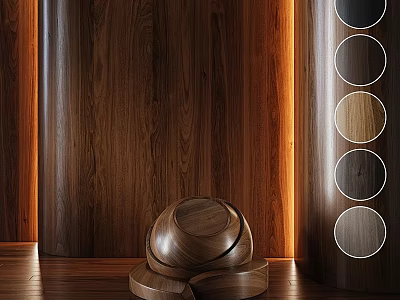 Wooden Components With Circular Design Dark Wooden Wall And Various Wood Texture Samples 3d model