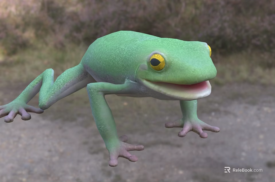 Green Reptile Lizard With Yellow Eyes And Open Mouth On Ground 3d model 