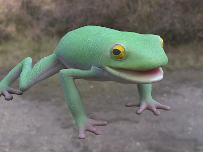 Green Reptile Lizard With Yellow Eyes And Open Mouth On Ground 3d model