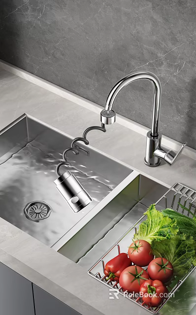 Modern Kitchen Sink Setup With Stainless Steel Basin Faucet And Fresh Vegetables 3d model 