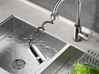 Modern Kitchen Sink Setup With Stainless Steel Basin Faucet And Fresh Vegetables 3d model
